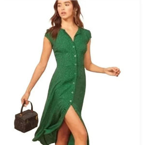 Reformation Cap Sleeve, Button Front, Fauna Dress in Green Jitterbug, 6